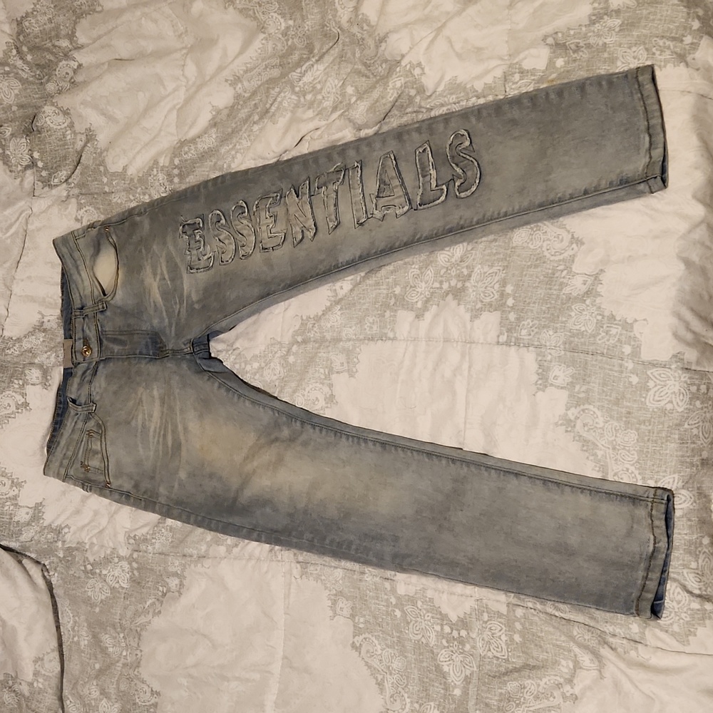 Essentials Fear Of God Gray Distressed Spellout Skinny Fit Denim Jeans